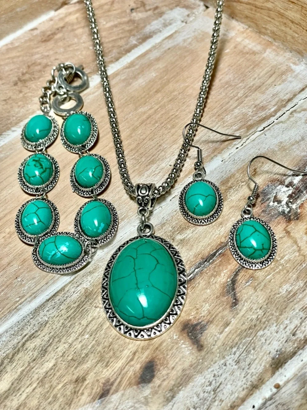 Turquoise Oval Pendant Necklace and Earring Set - Silver-Tone